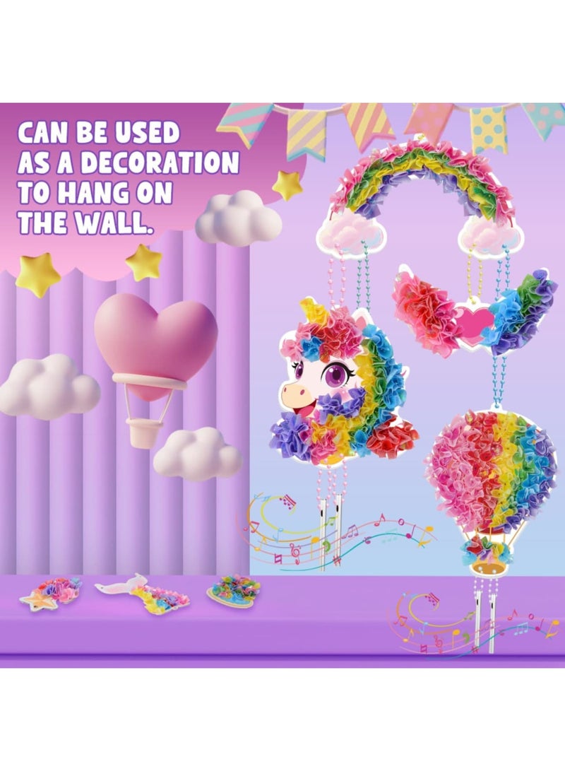 Barakah طقم فنون البوكه وحيد القرن للفتيات، نشاط حرفي لصنع جرس الرياح مع قماش ملون وأداة بوكه آمنة، هدية فنية وحرفية خالية من الفوضى للأطفال من عمر 4-10 سنوات، هدية عيد ميلاد أو عطلة - Image 3