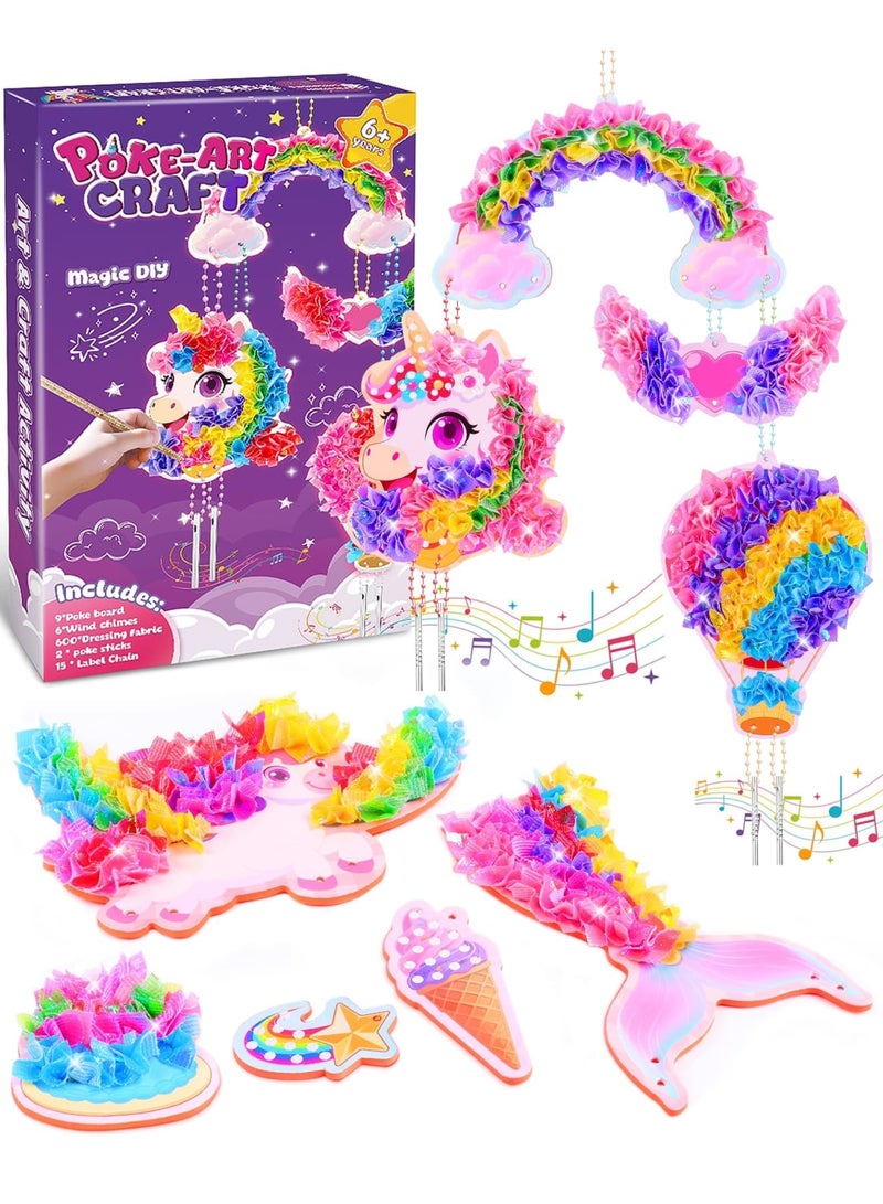 Barakah طقم فنون البوكه وحيد القرن للفتيات، نشاط حرفي لصنع جرس الرياح مع قماش ملون وأداة بوكه آمنة، هدية فنية وحرفية خالية من الفوضى للأطفال من عمر 4-10 سنوات، هدية عيد ميلاد أو عطلة - Image 1