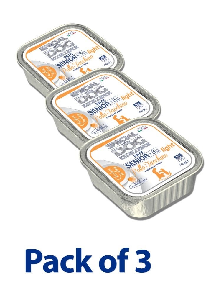 Special Dog Excellence by Monge | Senior Light Wet Dog Food | with Tasty Chicken & Turkey Pâté | for Sensitive & Weight‑Controlled Dogs | 150g Alu‑Tray | Made in Italy | Pack of 3