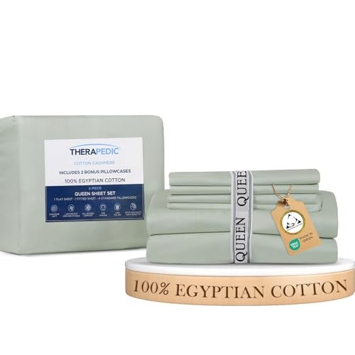 Therapedic 100% Egyptian Cotton Queen 6-Piece Sheet Set – Naturally Cooling & Breathable Sateen, Preshrunk Garment Wash, 16" Deep Pocket Fitted Sheet, Bonus Pillowcases, Soft & Durable - Sage - Image 1