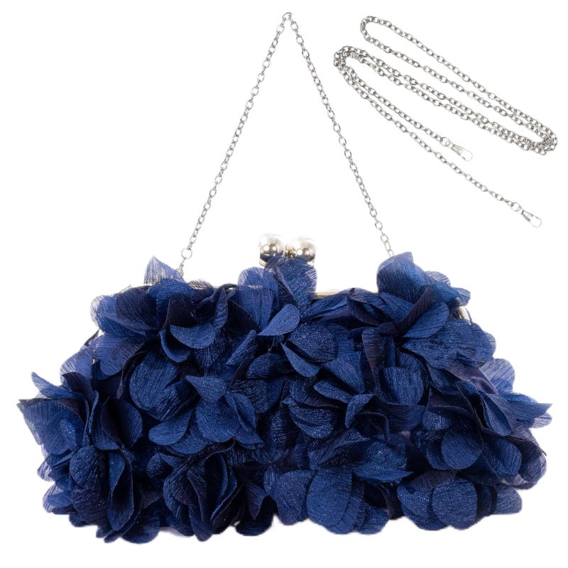 JAMBHALA Women Elegant Evening Purse, Small Floral Clutch Bag with Detachable Chain for Wedding, Party, Prom (Navy blue) - Image 1
