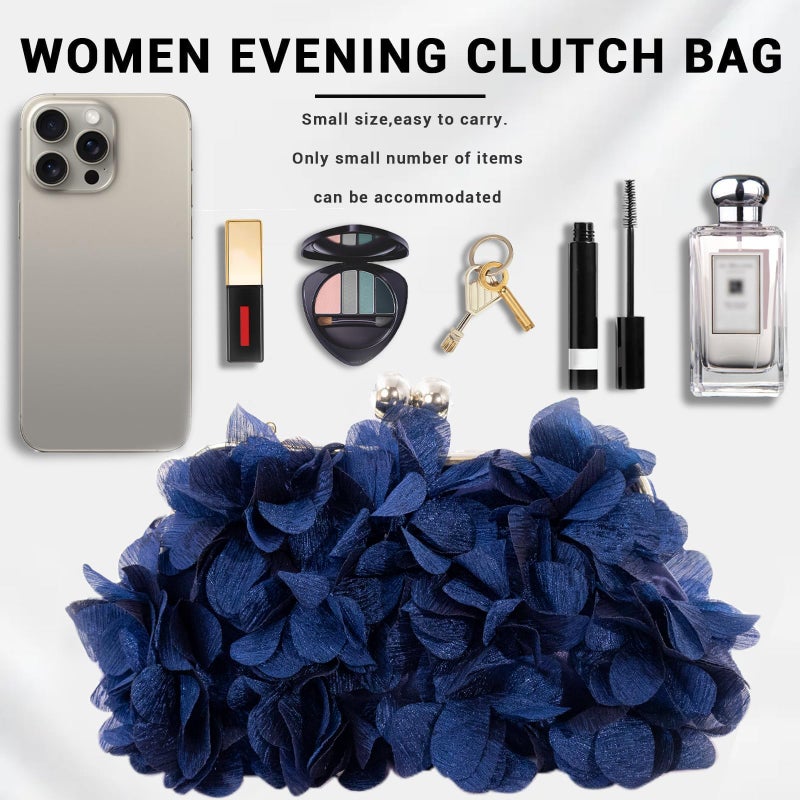 JAMBHALA Women Elegant Evening Purse, Small Floral Clutch Bag with Detachable Chain for Wedding, Party, Prom (Navy blue) - Image 2