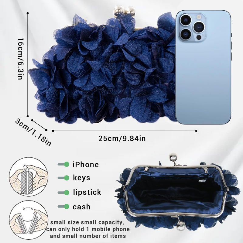 JAMBHALA Women Elegant Evening Purse, Small Floral Clutch Bag with Detachable Chain for Wedding, Party, Prom (Navy blue) - Image 3