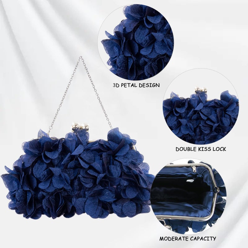 JAMBHALA Women Elegant Evening Purse, Small Floral Clutch Bag with Detachable Chain for Wedding, Party, Prom (Navy blue) - Image 4