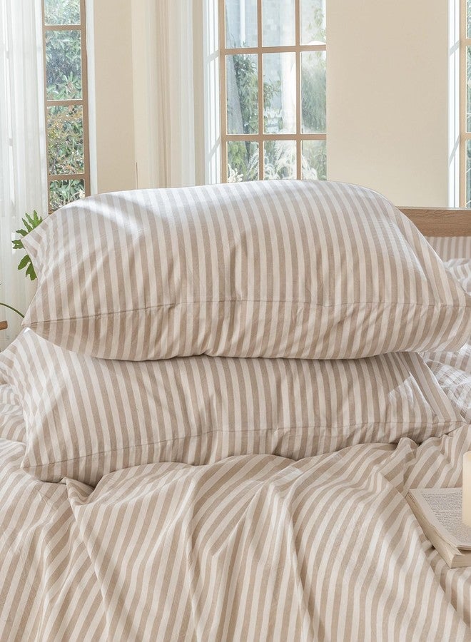 MooMee Bedding Pillowcases Striped Pack of 2 100% Washed Cotton Linen Like Textured Breathable Durable Soft Comfy (Tannish Linen Grey White Classic Stripes, Queen) - Image 1