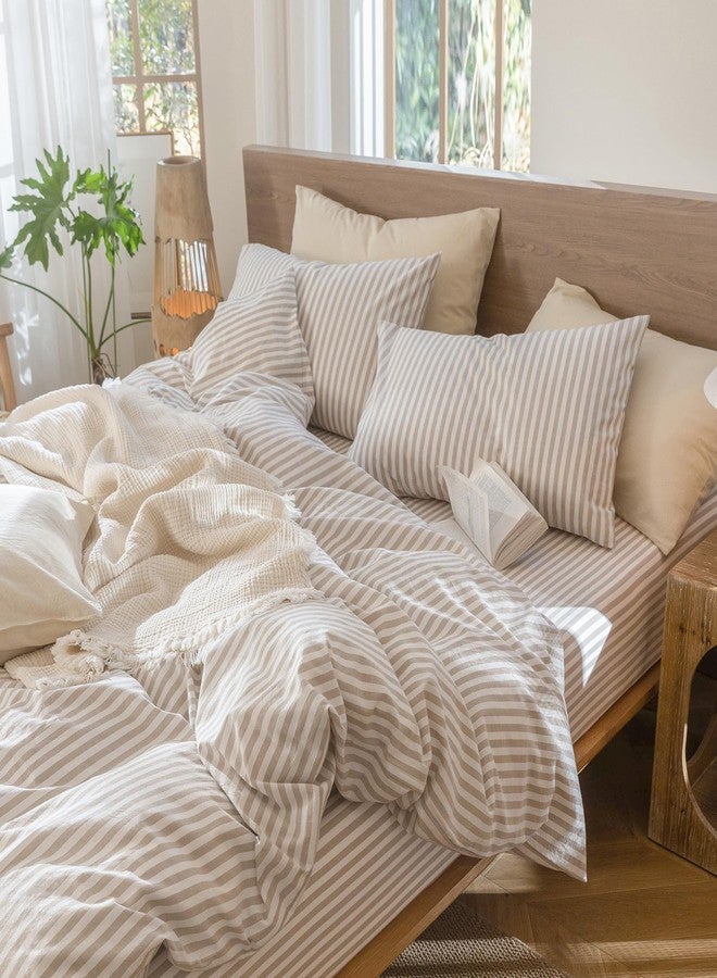 MooMee Bedding Pillowcases Striped Pack of 2 100% Washed Cotton Linen Like Textured Breathable Durable Soft Comfy (Tannish Linen Grey White Classic Stripes, Queen) - Image 2