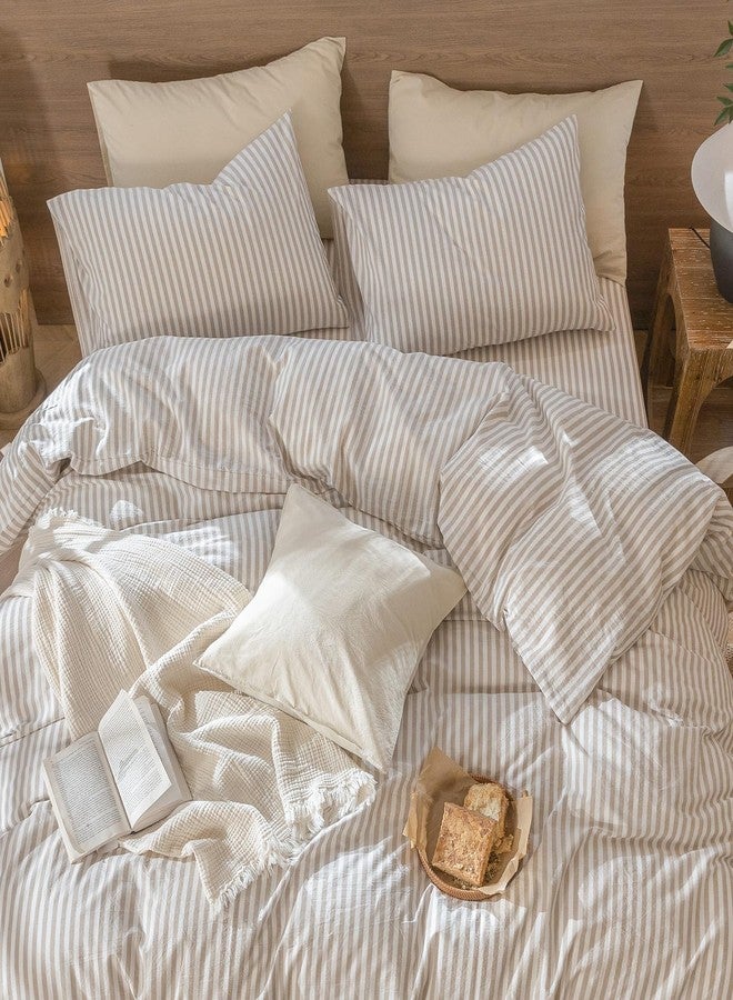 MooMee Bedding Pillowcases Striped Pack of 2 100% Washed Cotton Linen Like Textured Breathable Durable Soft Comfy (Tannish Linen Grey White Classic Stripes, Queen) - Image 3
