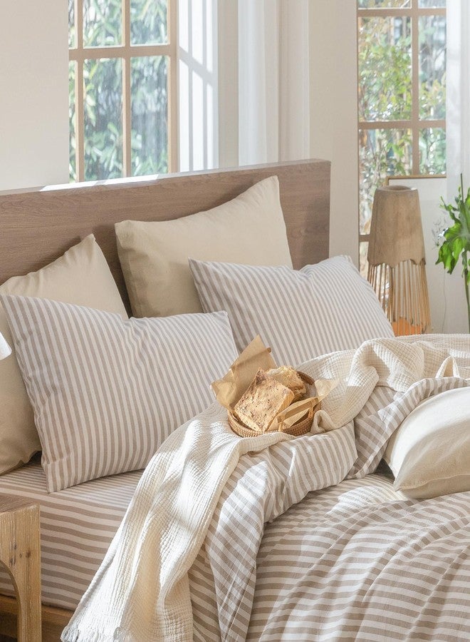 MooMee Bedding Pillowcases Striped Pack of 2 100% Washed Cotton Linen Like Textured Breathable Durable Soft Comfy (Tannish Linen Grey White Classic Stripes, Queen) - Image 5