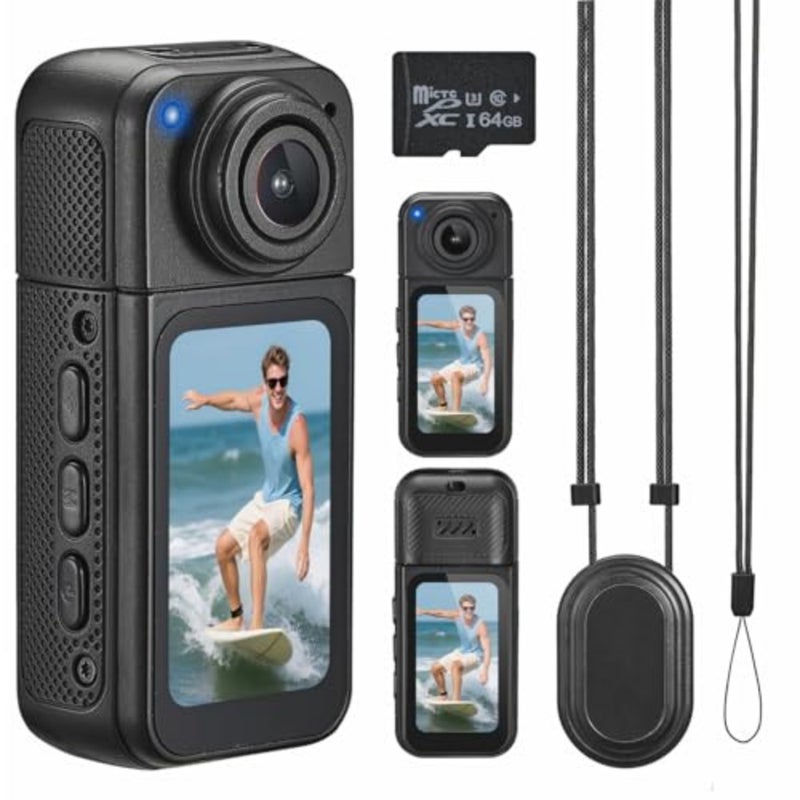 Mini Body Camera with 64GB Storage, 1080P Pocket Video Recorder with 180° Rotating Lens, Thumb Size Wearable Body Cam with Screen, Portable Camera for Outdoor, Cycling, Vlog, Travel - Image 1