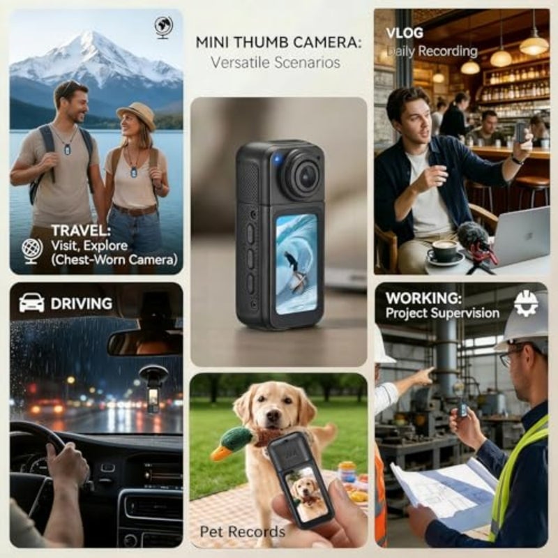 Mini Body Camera with 64GB Storage, 1080P Pocket Video Recorder with 180° Rotating Lens, Thumb Size Wearable Body Cam with Screen, Portable Camera for Outdoor, Cycling, Vlog, Travel - Image 3