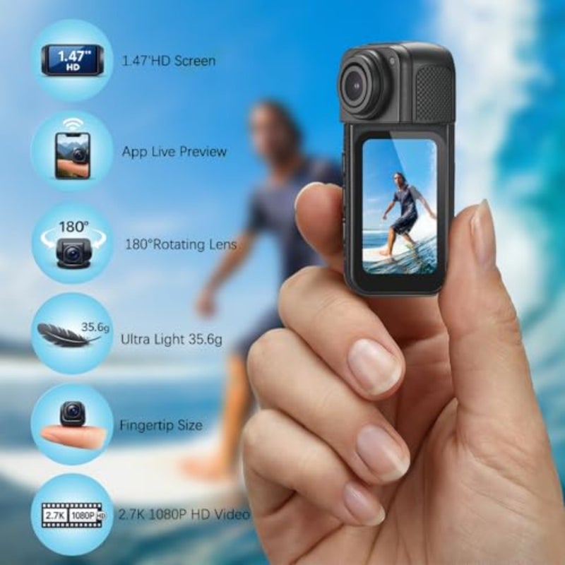 Mini Body Camera with 64GB Storage, 1080P Pocket Video Recorder with 180° Rotating Lens, Thumb Size Wearable Body Cam with Screen, Portable Camera for Outdoor, Cycling, Vlog, Travel - Image 2