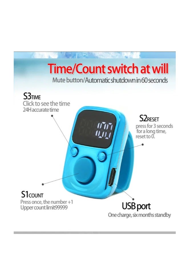 Rechargeable Digital Finger LED Electronic Hand Tally Timer Counter Clicker  Blue - Image 2