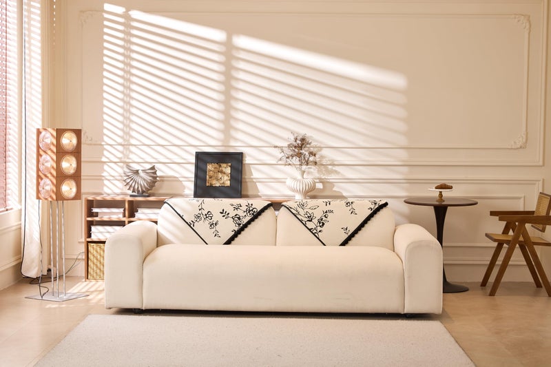 HOUSE OF QUIRK غطاء أريكة حديث من هاوس أوف كويرك مع كرات الفراء لأريكة على شكل L وغطاء أريكة لـ 1/2/3/4 مقاعد غير قابل للانزلاق وقابل للغسل (70x180 سم، مزخرف بالأبيض) - Image 2
