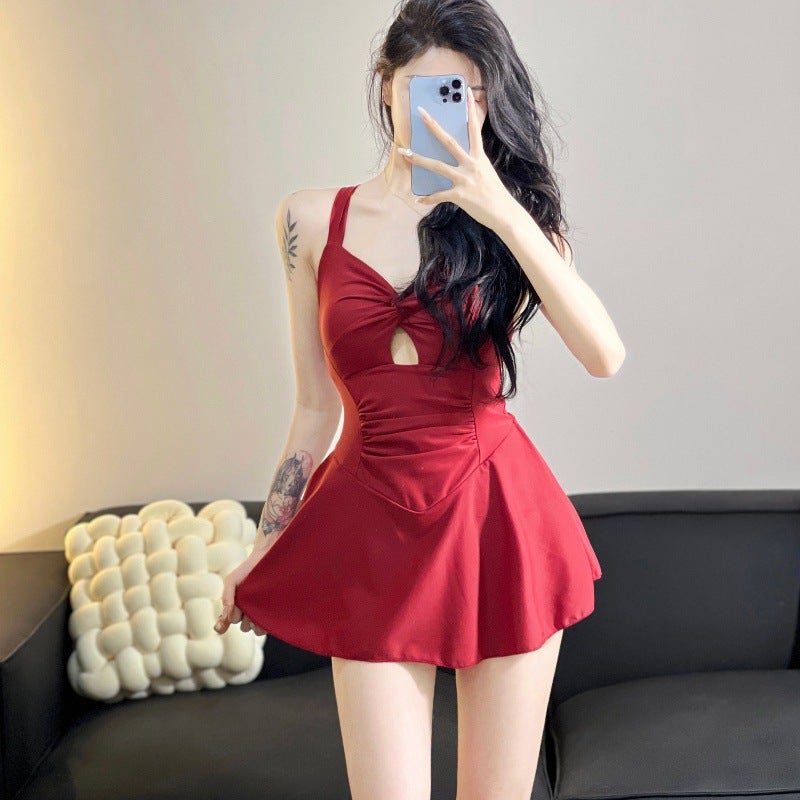 Swimsuit New Solid Color Fairy Style Elegant Pure Want To Show Elegant Wide Shoulder Strap Pleated Design Tight Waist Slim Dress - Image 1