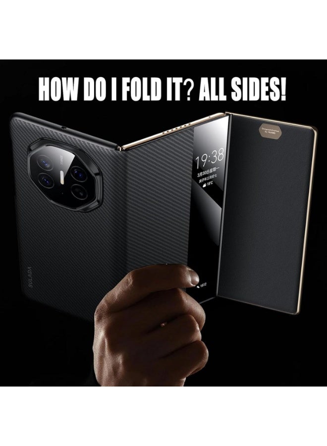 For Magnetic Case for Huawei Mate XTs, Smart Viewing Window Phone Case, Slim Luxury Business Carbon Fiber Pattern Leather Flip Cover - Image 4