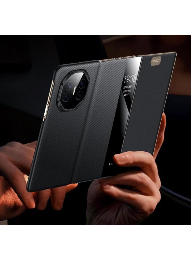 For Magnetic Case for Huawei Mate XTs, Smart Viewing Window Phone Case, Slim Luxury Business Carbon Fiber Pattern Leather Flip Cover - Image 3