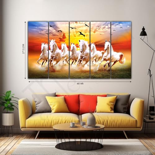 The Castle Decor 7 Horses Wall Painting for Living Room Big Size - 7 Running Horses Painting Vastu for Bedroom, Office, Hotel - Wall Decor Digital Painting Wooden Framed for Gifting (27x48 inch) - Image 2