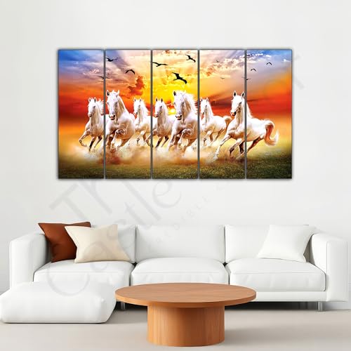 The Castle Decor 7 Horses Wall Painting for Living Room Big Size - 7 Running Horses Painting Vastu for Bedroom, Office, Hotel - Wall Decor Digital Painting Wooden Framed for Gifting (27x48 inch) - Image 1
