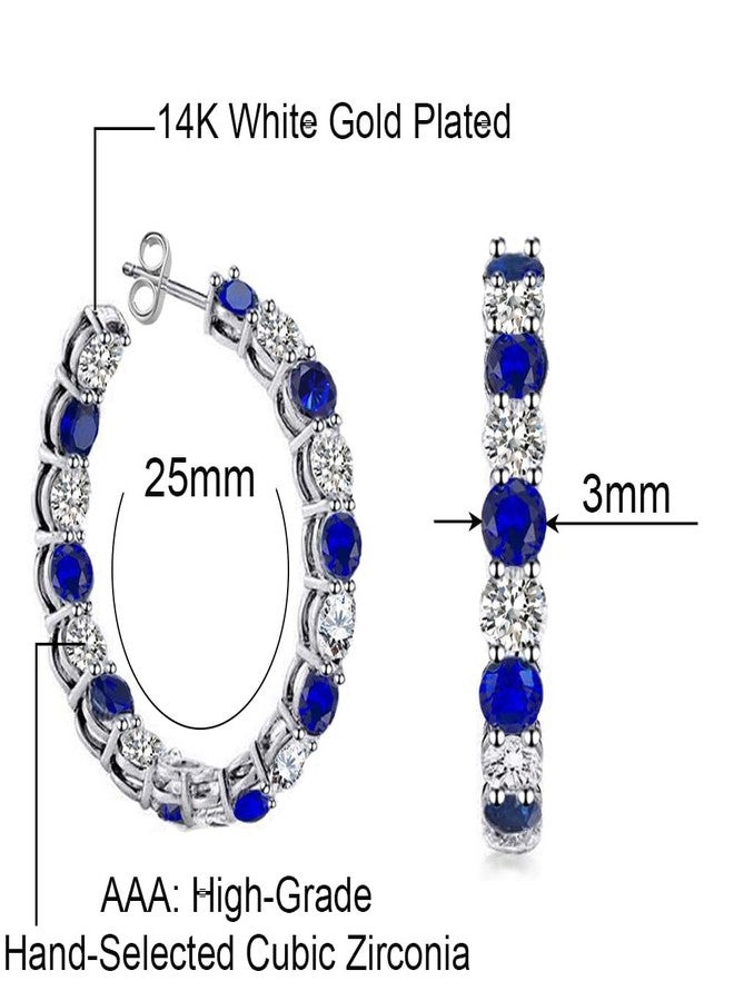 Savlano 14K Gold Plated White & Blue Cubic Zirconia Inside Out Round Cut Hoop Stud Earrings for Women Comes with a Gift Box - Image 3