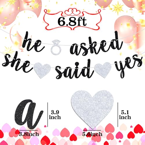 Hotmoon He Asked She Said Yes Banner, Black Glitter Bunting Sign for Engagement, Wedding, Bride to Be, Groom to Be, Bridal Shower, Valentine's Day Party Decorations Supplies - Image 2