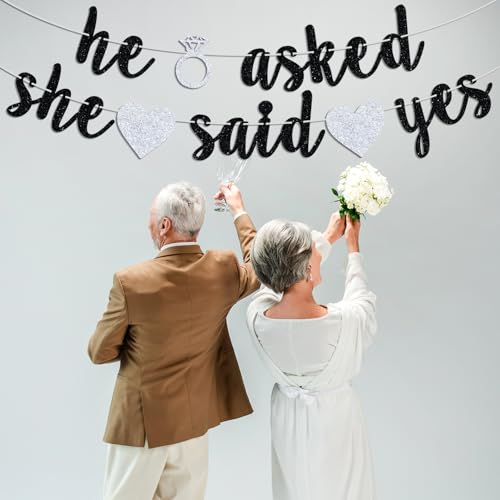 Hotmoon He Asked She Said Yes Banner, Black Glitter Bunting Sign for Engagement, Wedding, Bride to Be, Groom to Be, Bridal Shower, Valentine's Day Party Decorations Supplies - Image 4