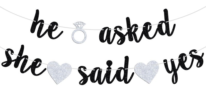 Hotmoon He Asked She Said Yes Banner, Black Glitter Bunting Sign for Engagement, Wedding, Bride to Be, Groom to Be, Bridal Shower, Valentine's Day Party Decorations Supplies - Image 1