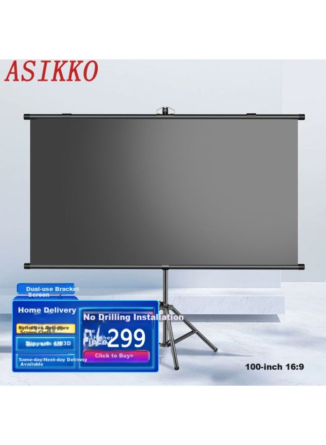 Aske 100-inch High Gain Anti-light Projection Screen With Stand, Dual-use Wall Mount Without Drilling, Support 4k Hd 3d Projection, 16:9 Reflective Anti-light Screen For Office And Portable Use - Image 1