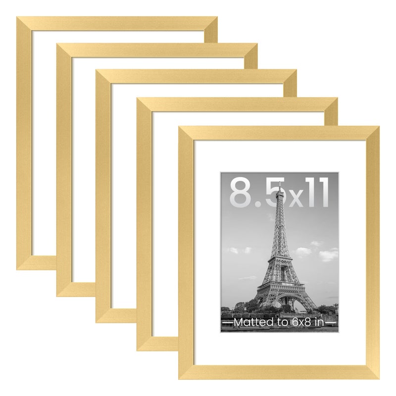 upsimples upsimples 8.5x11 Picture Frame Set of 5  Display Pictures 6x8 with Mat or 8.5 by 11 Without  Wall Gallery Photo Frames  Gold - Image 1