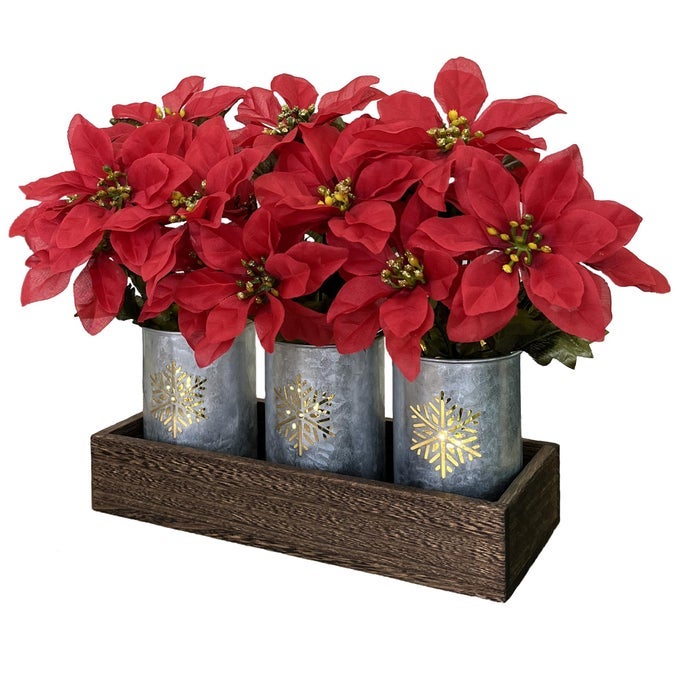 Poinsettias Artificial Christmas Flowers with LED Lights Red Xmas Table Centerpiece in Pots and Wood Box for Decoration