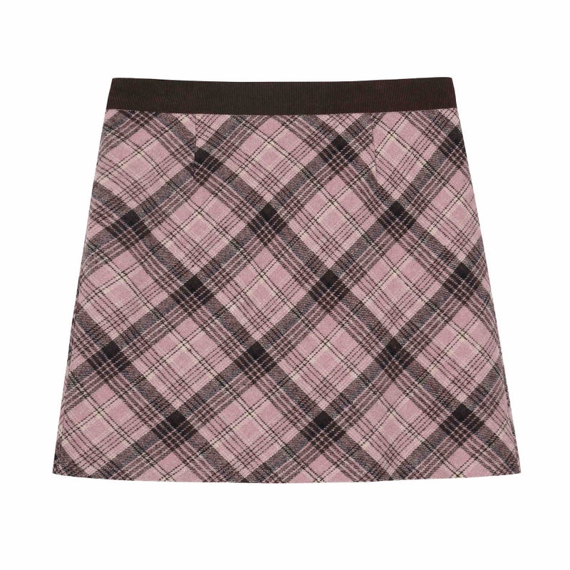Plus Size Plaid Wool Skirt High Waist A-Line Slimming Pink coffee plaid 