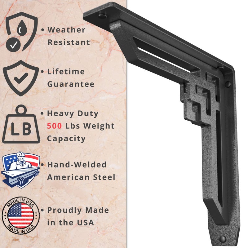 Starby Heavy Duty Handmade Steel Shelf Brackets (2 Pack) - Perfect as Metal Fireplace Mantel Corbels, Countertop Support or Decorative Shelf- Wrought Iron Black - 500# Capacity - (10" x 10" x 2") - Image 2