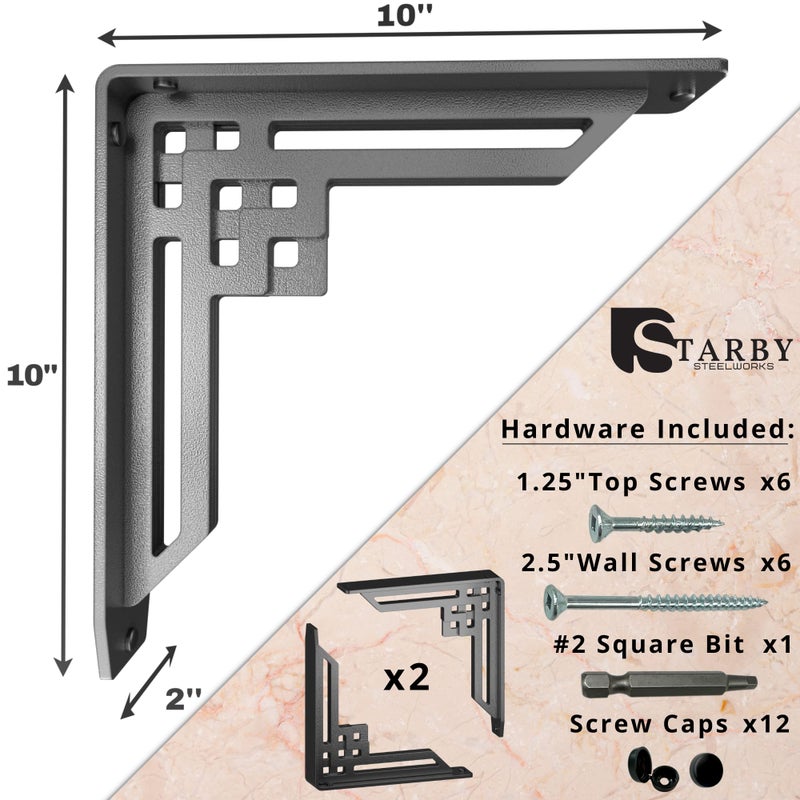 Starby Heavy Duty Handmade Steel Shelf Brackets (2 Pack) - Perfect as Metal Fireplace Mantel Corbels, Countertop Support or Decorative Shelf- Wrought Iron Black - 500# Capacity - (10" x 10" x 2") - Image 3