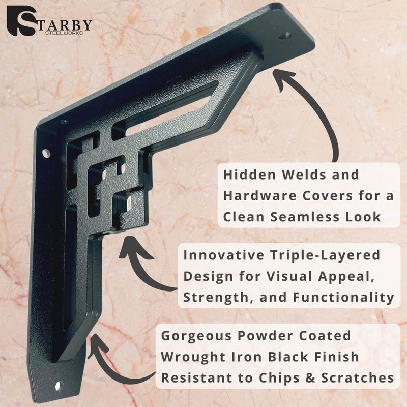Starby Heavy Duty Handmade Steel Shelf Brackets (2 Pack) - Perfect as Metal Fireplace Mantel Corbels, Countertop Support or Decorative Shelf- Wrought Iron Black - 500# Capacity - (10" x 10" x 2") - Image 4