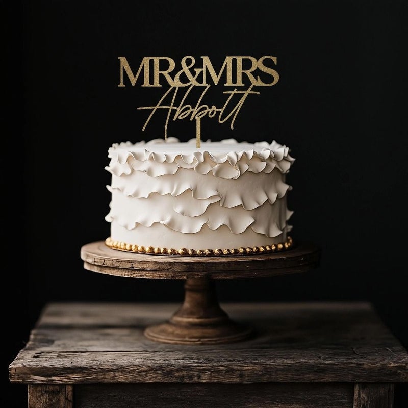 Personalized Glitter Silvery Cake Topper For Wedding Bride And Groom Last Names - Image 1