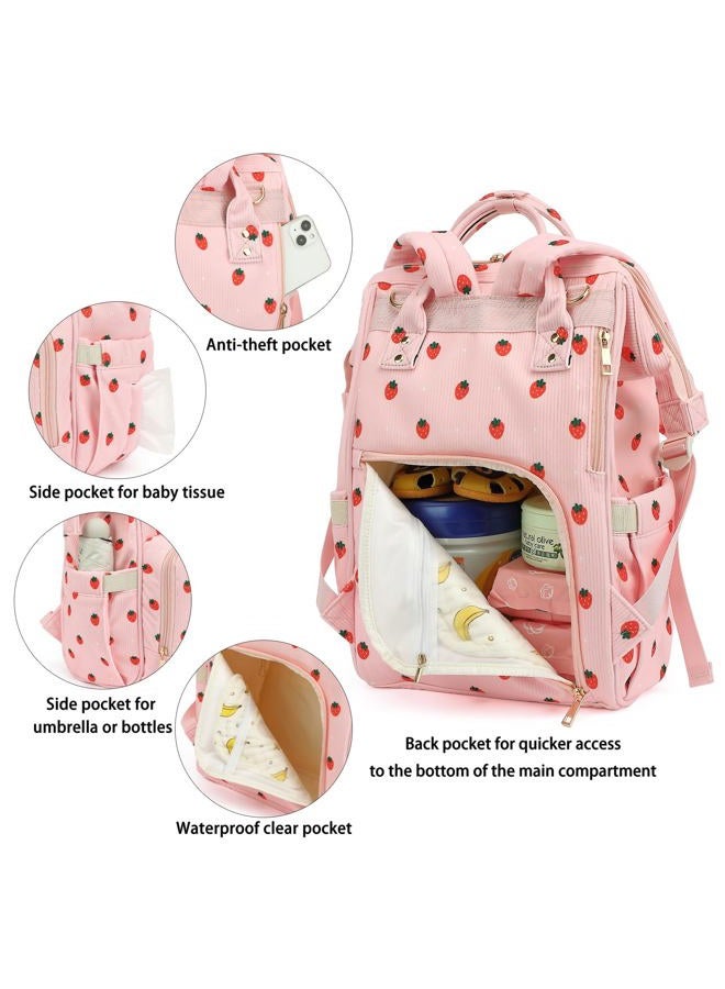 Yusudan Corduroy Diaper Bag Backpack for Baby Girls Boys, Women Large Nappy Bags for Mom (Pink Corduroy Strawberry) - Image 4