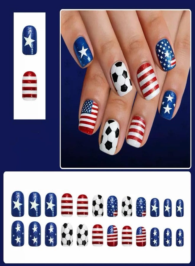CTTHNBD 4th of July Press on Nails - Short Square Fake Nails with American Flag Soccer Design - Glitter, Independence Day False Nails for Women 24 Pcs - Image 2