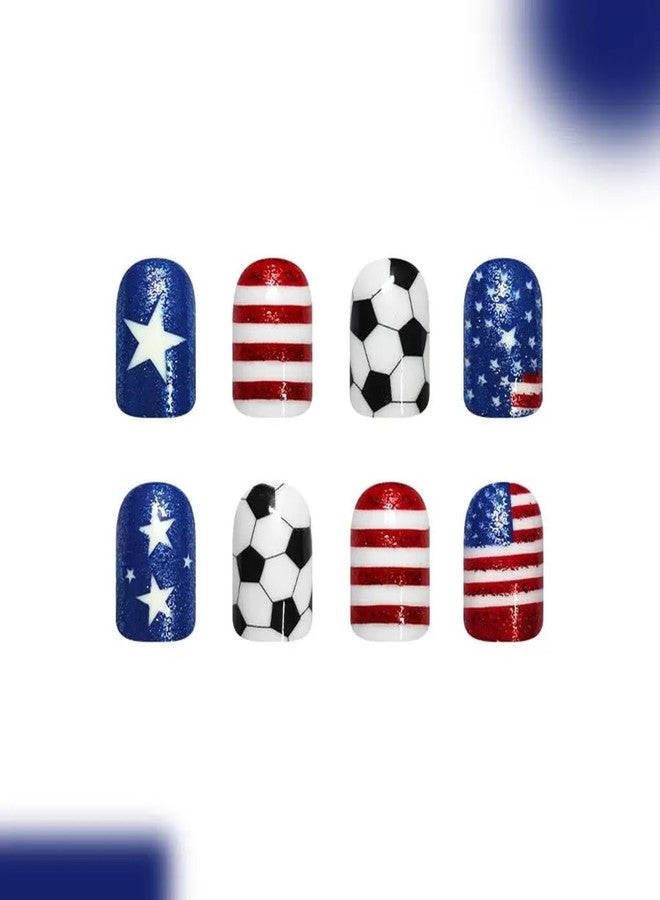 CTTHNBD 4th of July Press on Nails - Short Square Fake Nails with American Flag Soccer Design - Glitter, Independence Day False Nails for Women 24 Pcs - Image 4