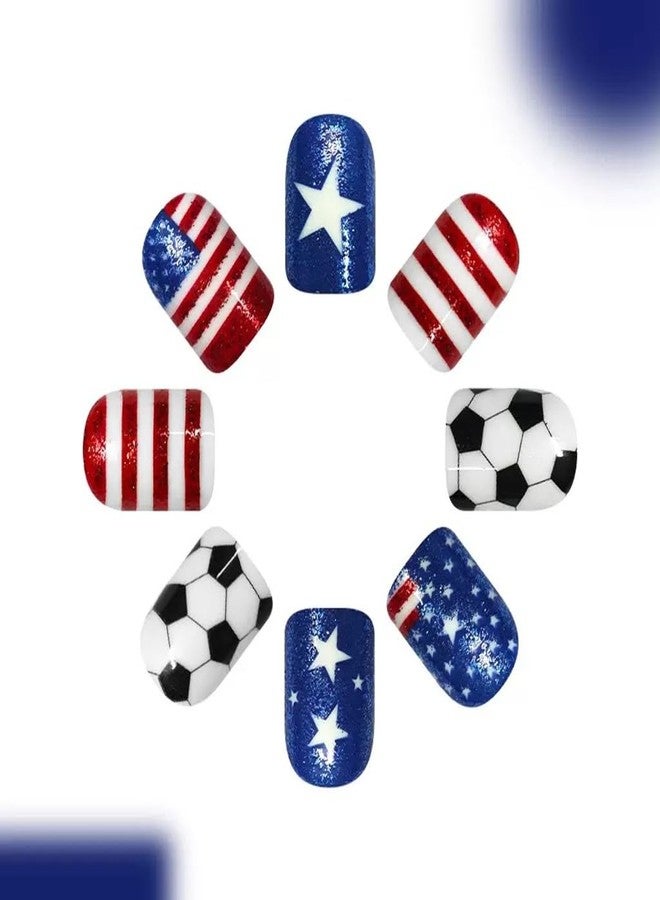 CTTHNBD 4th of July Press on Nails - Short Square Fake Nails with American Flag Soccer Design - Glitter, Independence Day False Nails for Women 24 Pcs - Image 3
