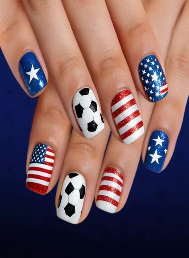 CTTHNBD 4th of July Press on Nails - Short Square Fake Nails with American Flag Soccer Design - Glitter, Independence Day False Nails for Women 24 Pcs - Image 1