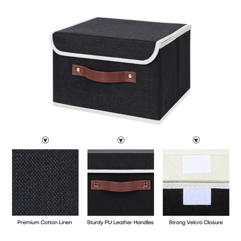 Anminy Storage Bin With Lid Storage Boxes With Pu Leather Handles Pp Plastic Board Decorative Foldable Lidded Cotton Linen Fabric Home Cubes Baskets Closet Organizer Container - Black  Small Size - Image 3