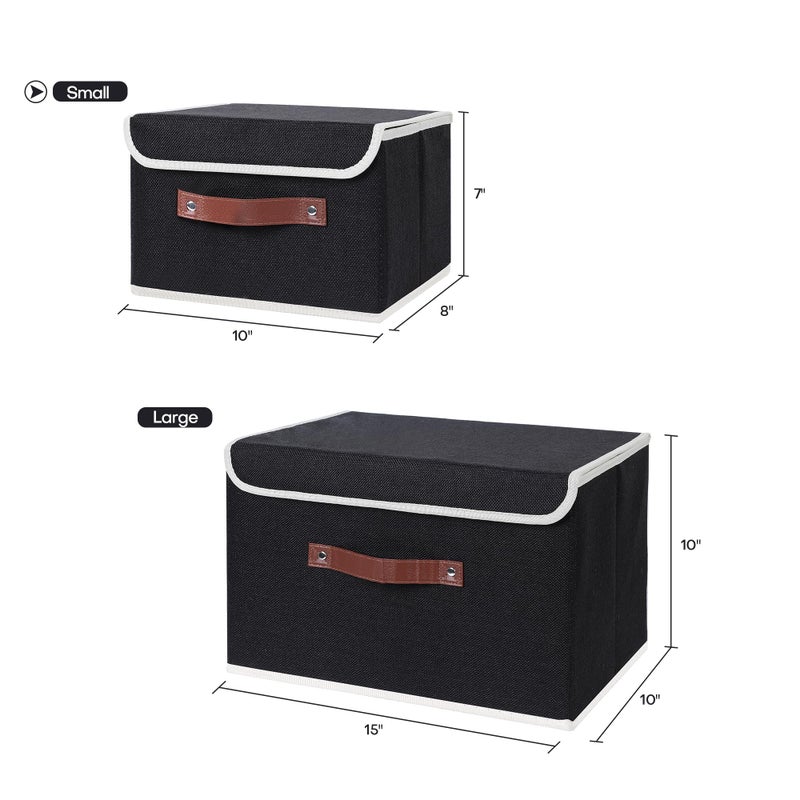 Anminy Storage Bin With Lid Storage Boxes With Pu Leather Handles Pp Plastic Board Decorative Foldable Lidded Cotton Linen Fabric Home Cubes Baskets Closet Organizer Container - Black  Small Size - Image 5