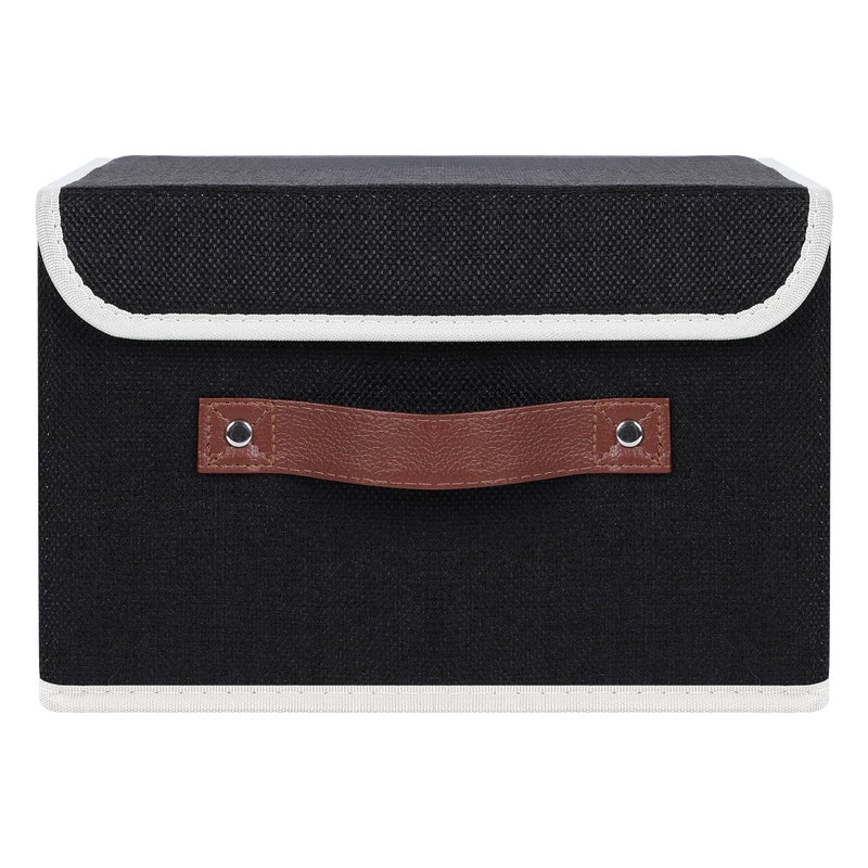 Anminy Storage Bin With Lid Storage Boxes With Pu Leather Handles Pp Plastic Board Decorative Foldable Lidded Cotton Linen Fabric Home Cubes Baskets Closet Organizer Container - Black  Small Size - Image 2