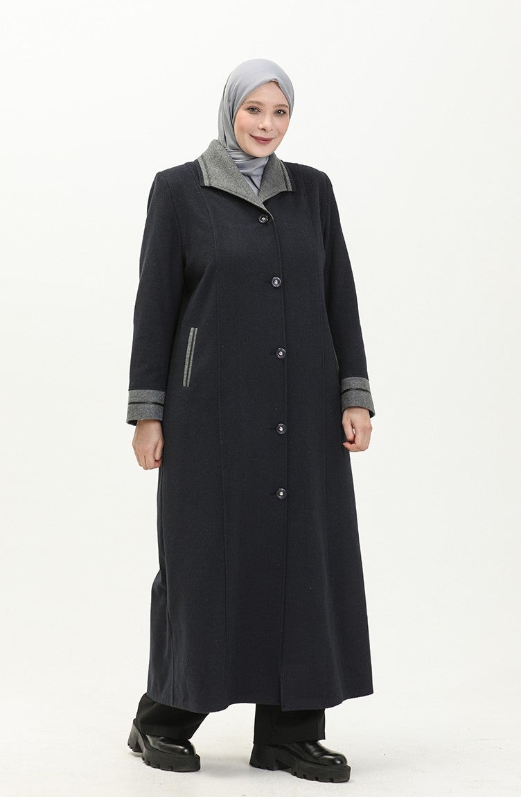 Sefa Merve Plus Size Buttoned Cashmere Coat 0329-04 Navy Blue  - Image 2