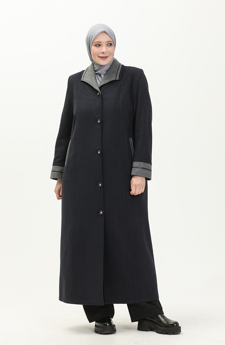 Sefa Merve Plus Size Buttoned Cashmere Coat 0329-04 Navy Blue  - Image 3