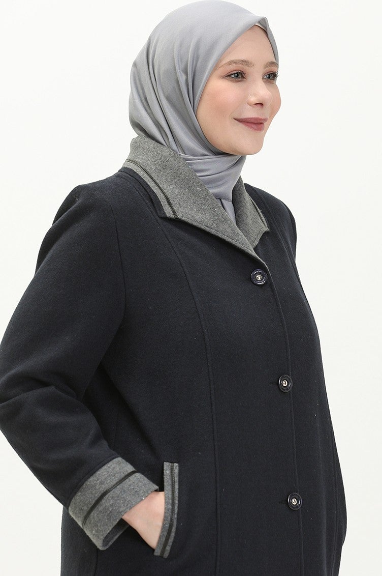 Sefa Merve Plus Size Buttoned Cashmere Coat 0329-04 Navy Blue  - Image 4