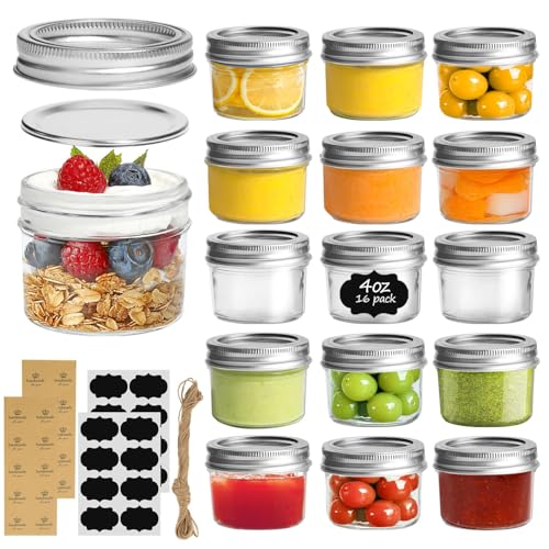ComSaf Mini Mason Jars Bulk 4oz 16PCS Regular Mouth Mason Jar with Lids and Seal Bands Small Glass Canning Jar for Spice Jam Honey Jelly Dessert Shower Wedding Favors DIY Candles Decor - Image 1