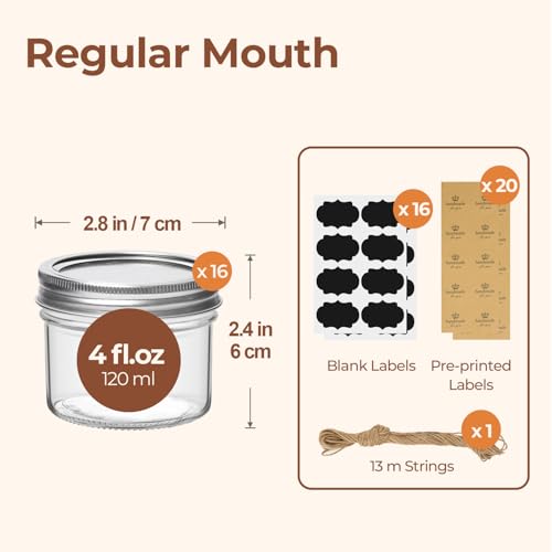ComSaf Mini Mason Jars Bulk 4oz 16PCS Regular Mouth Mason Jar with Lids and Seal Bands Small Glass Canning Jar for Spice Jam Honey Jelly Dessert Shower Wedding Favors DIY Candles Decor - Image 3
