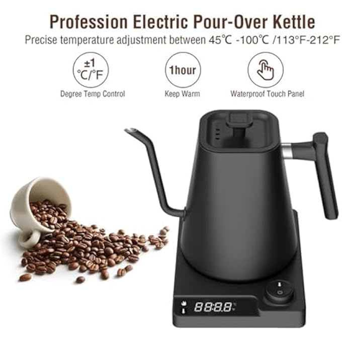 Doeek Gooseneck Electric Kettle 1L Coffee Kettle1200W Smart Temperature Electric Control Kettles Stainless Steel Inner Quick Heating For Pour Over Coffee Brew Tea Boil Hot Water Black - Image 4