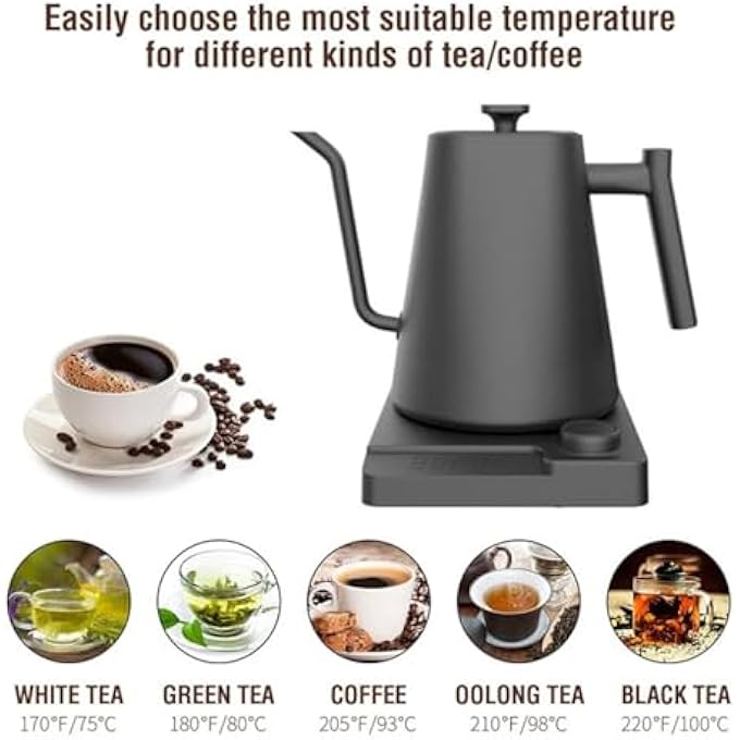 Doeek Gooseneck Electric Kettle 1L Coffee Kettle1200W Smart Temperature Electric Control Kettles Stainless Steel Inner Quick Heating For Pour Over Coffee Brew Tea Boil Hot Water Black - Image 3