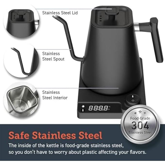 Doeek Gooseneck Electric Kettle 1L Coffee Kettle1200W Smart Temperature Electric Control Kettles Stainless Steel Inner Quick Heating For Pour Over Coffee Brew Tea Boil Hot Water Black - Image 5